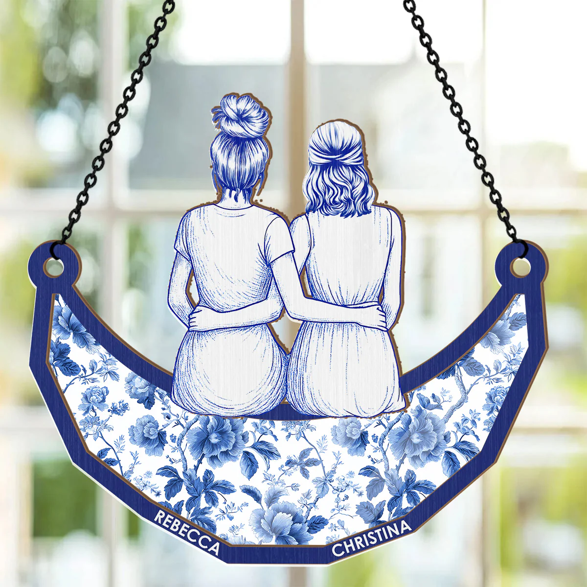 Sisters Sitting On The Moon - Personalized Window Hanging Suncatcher - Image 2