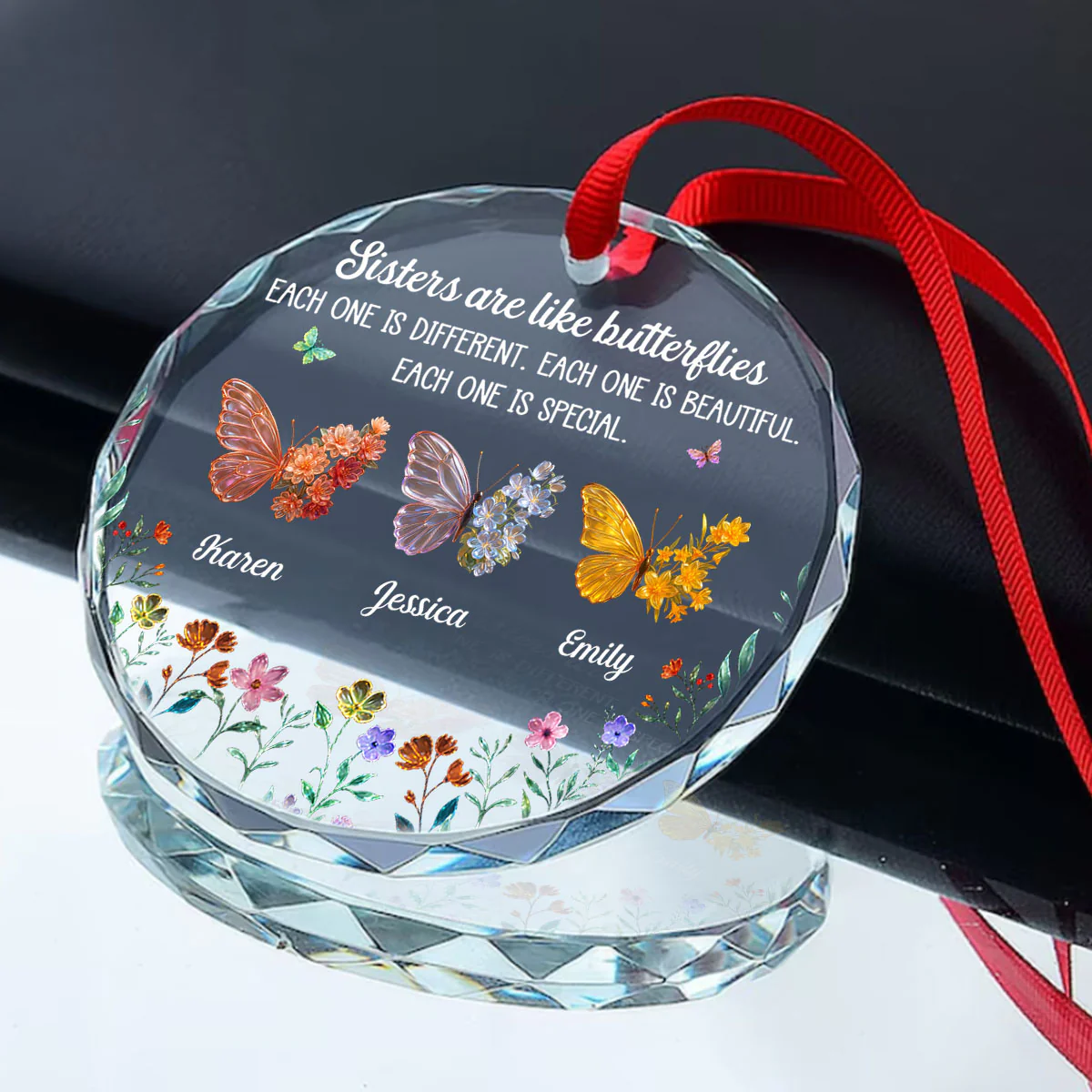 Sisters Sparkling Wings - Personalized Round Shaped Glass Ornament - Image 2