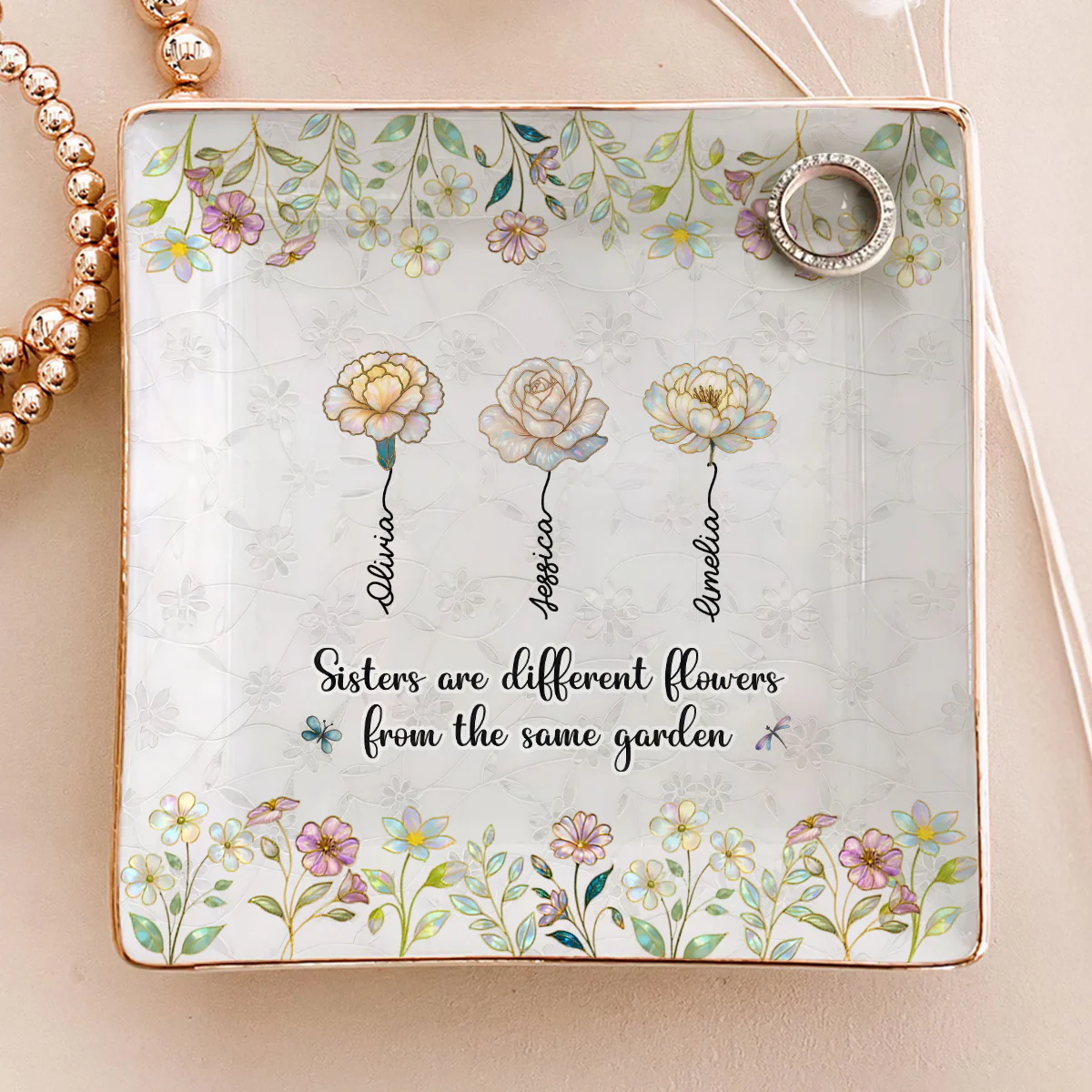 Sisters We Are Flowers  - Personalized Ceramic Ring Dish Square