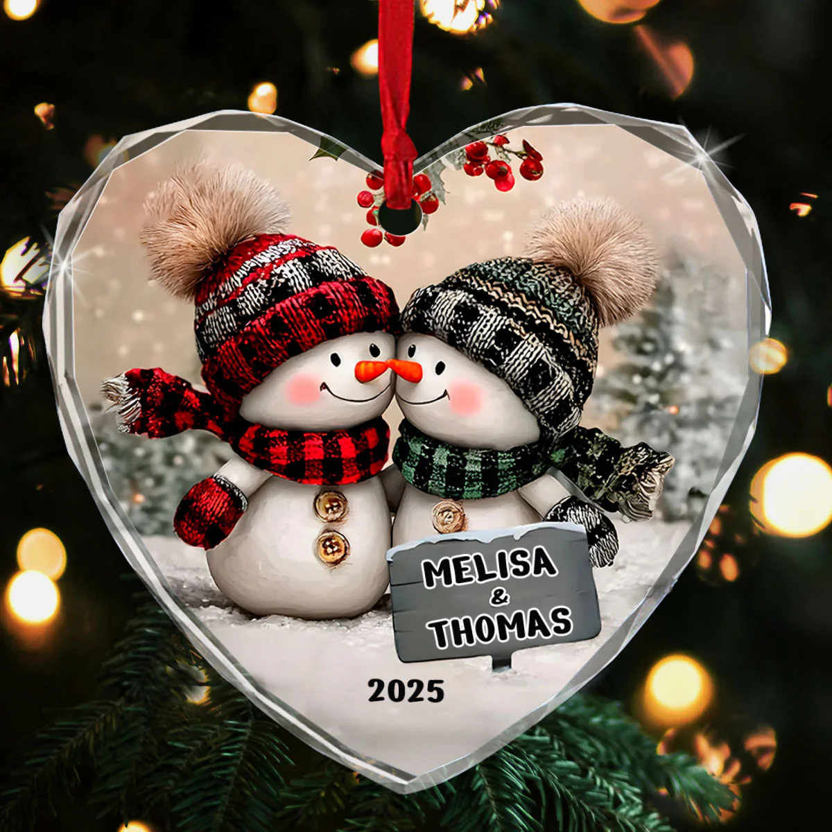 Snowman Couple - Personalized Heart Shaped Glass Ornament