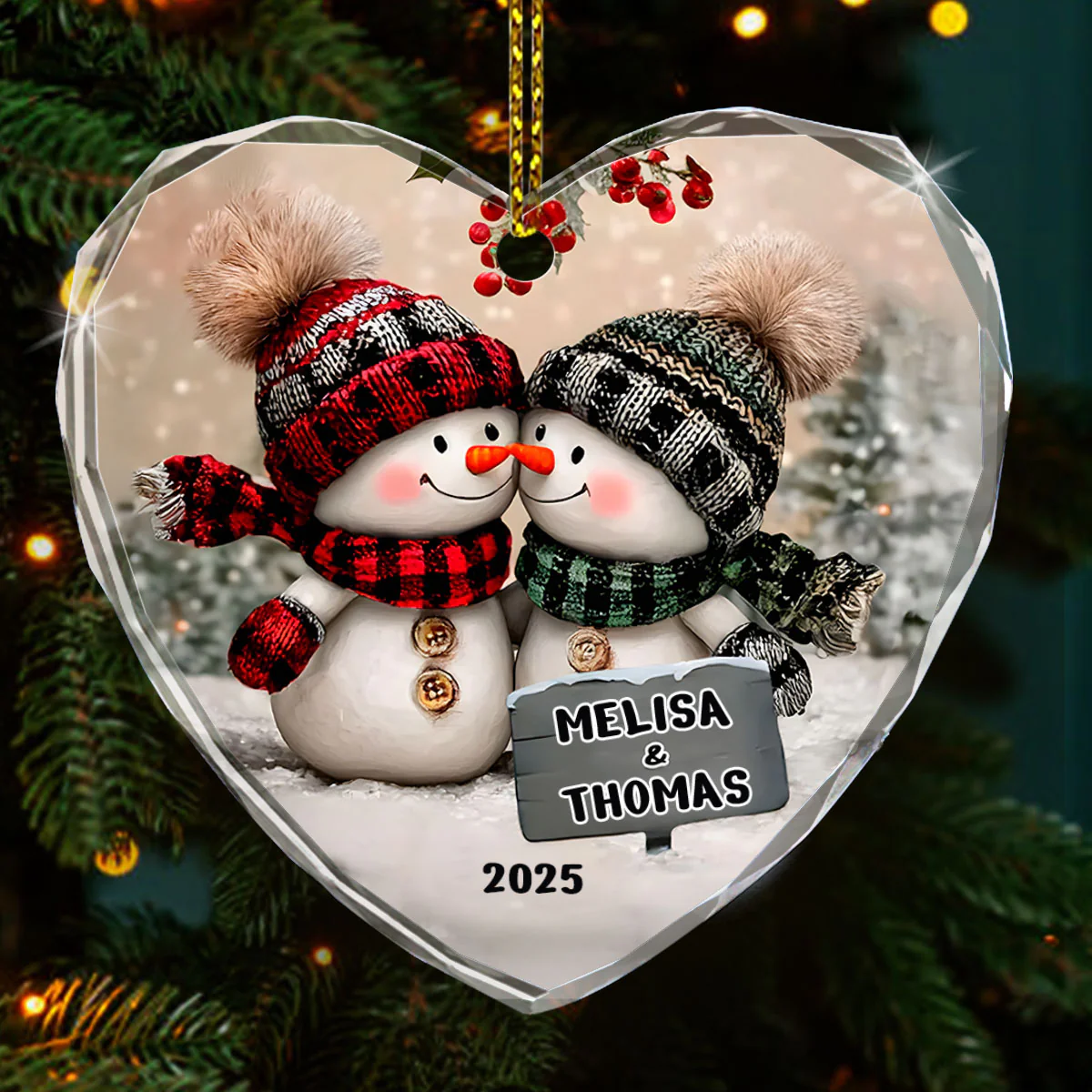 Snowman Couple - Personalized Heart Shaped Glass Ornament - Image 2