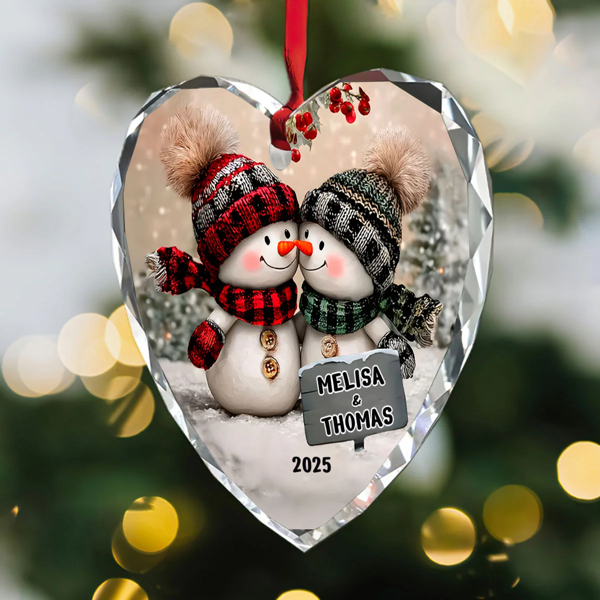 Snowman Couple - Personalized Heart Shaped Glass Ornament - Image 3