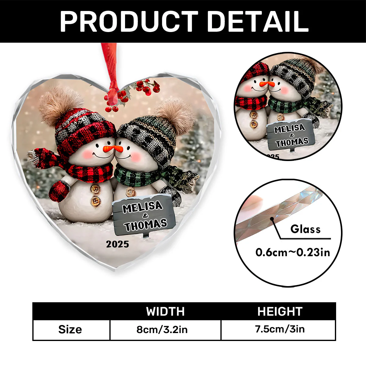Snowman Couple - Personalized Heart Shaped Glass Ornament - Image 4