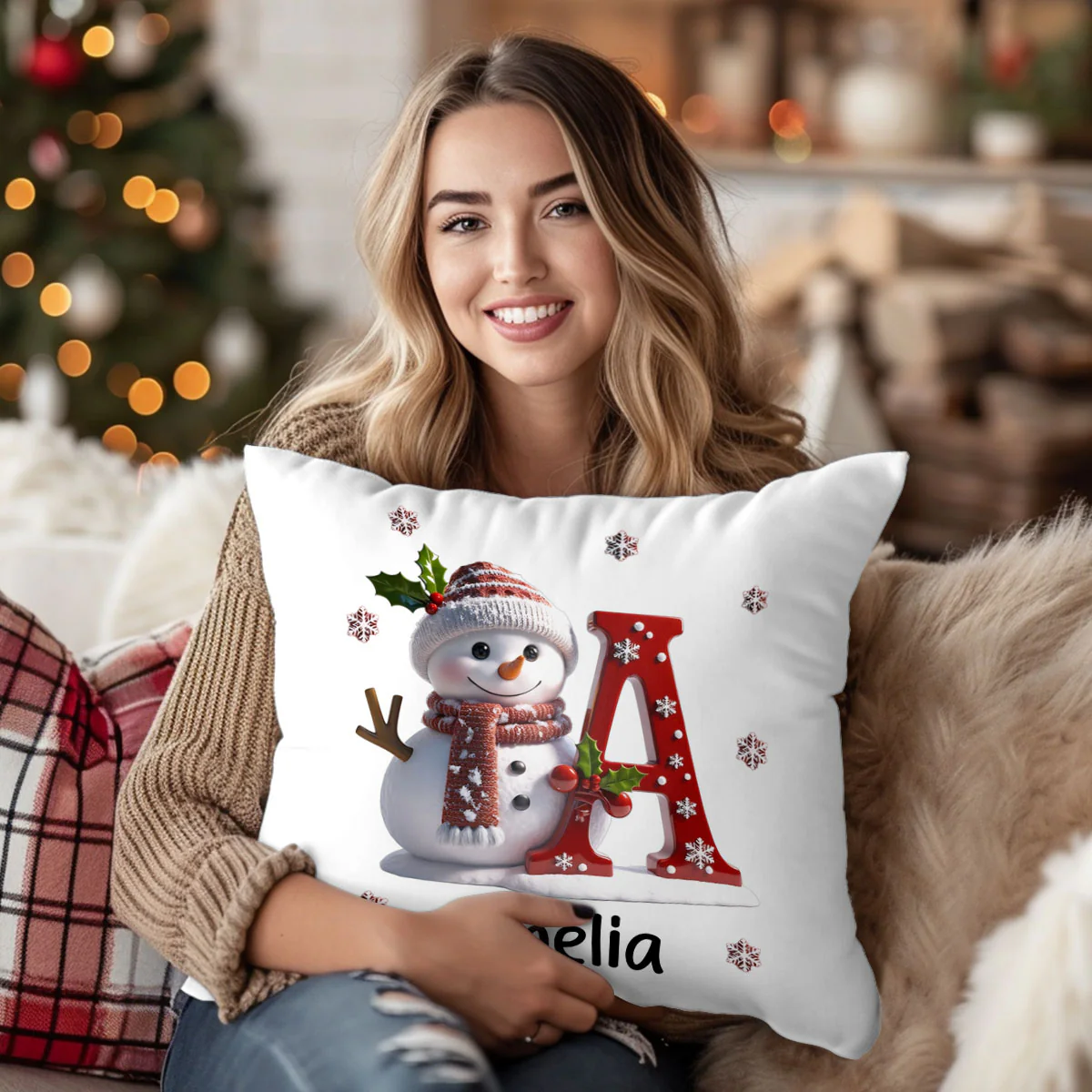 Snowman Merry Christmas - Personalized Crystal Velvet Pillow - Image 2