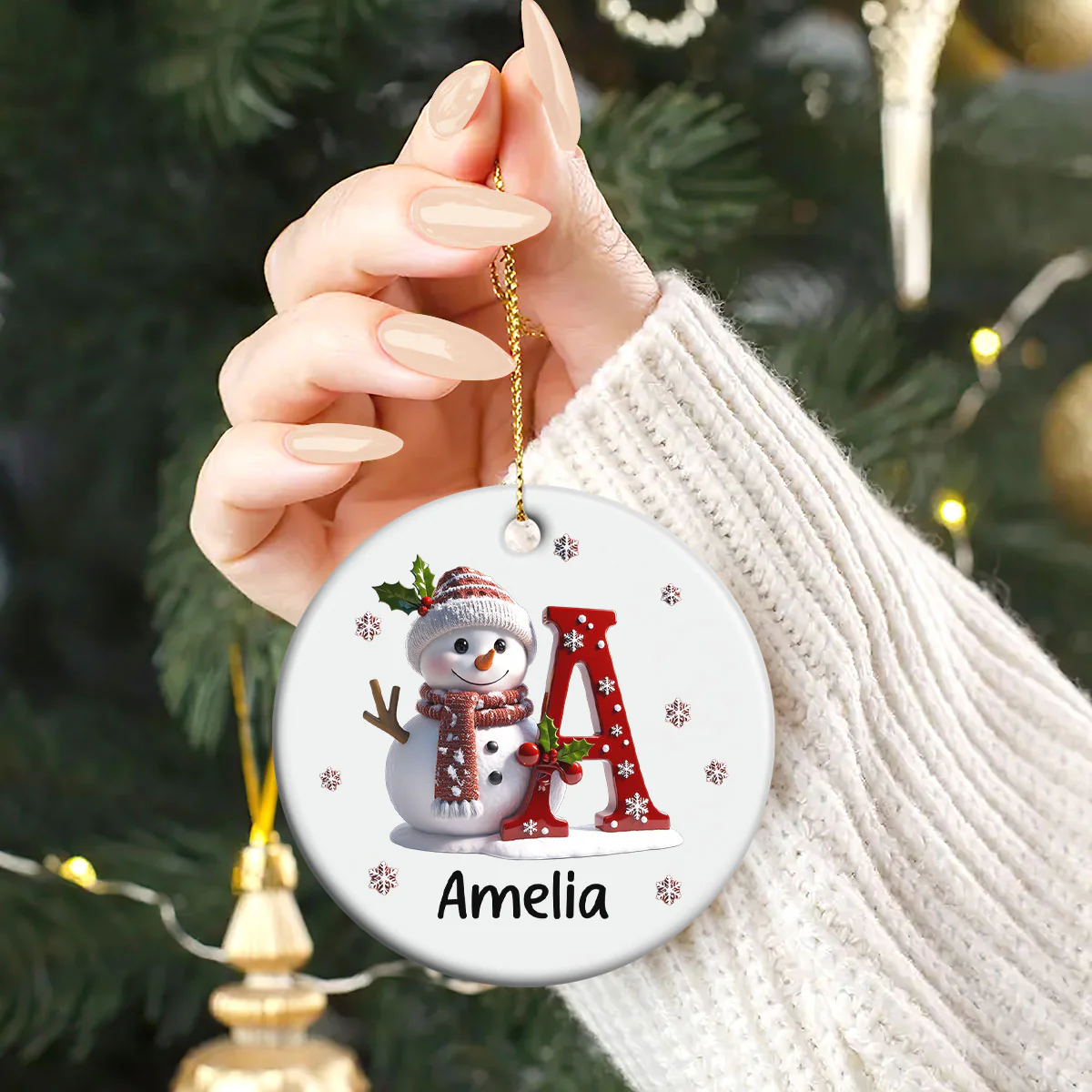 Snowman Merry Christmas - Personalized Round Shaped Ceramic Ornament - Image 2