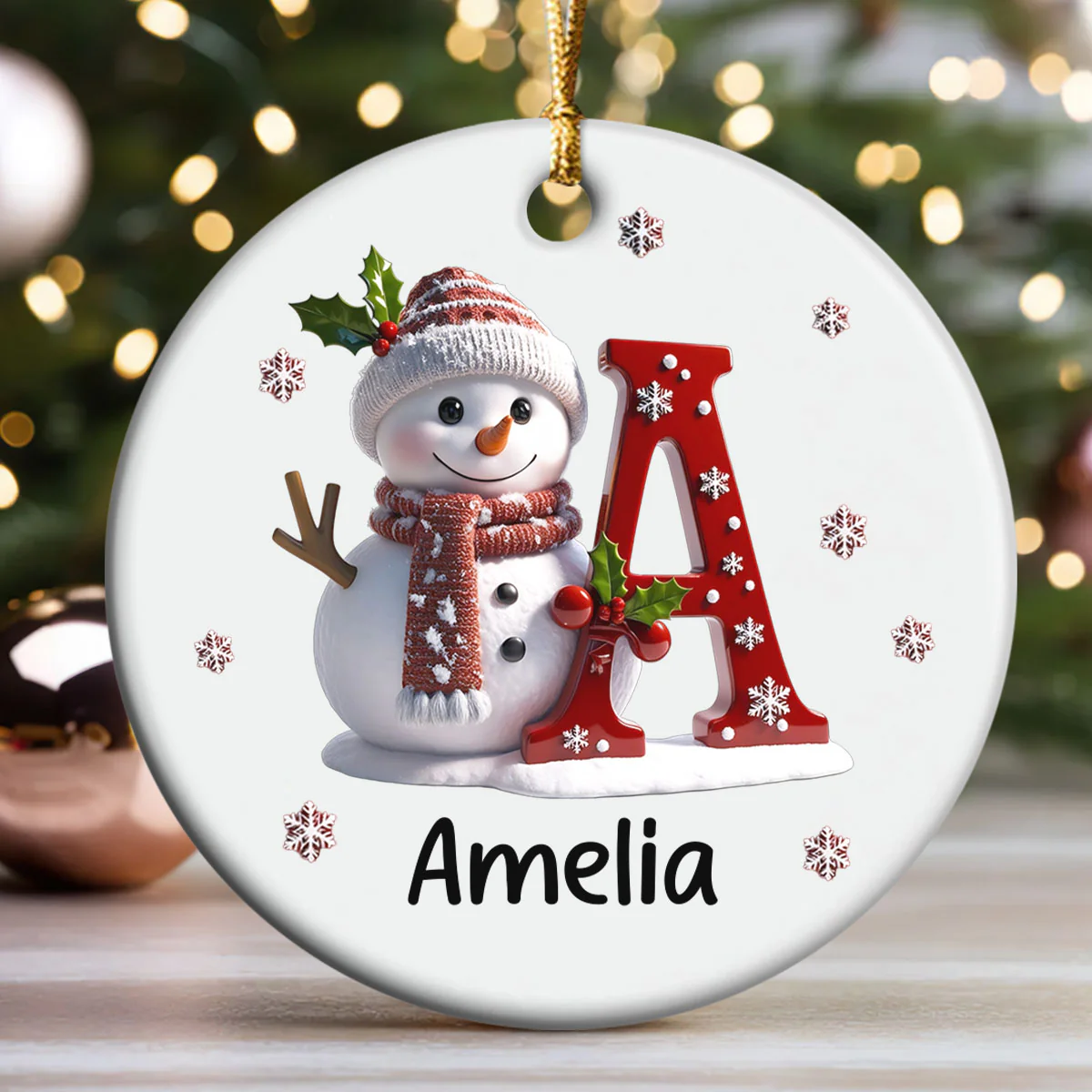 Snowman Merry Christmas - Personalized Round Shaped Ceramic Ornament - Image 3