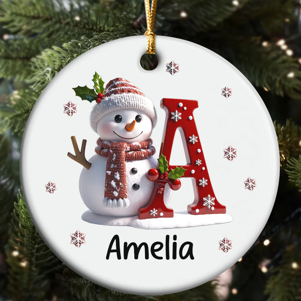 Snowman Merry Christmas - Personalized Round Shaped Ceramic Ornament - Image 5