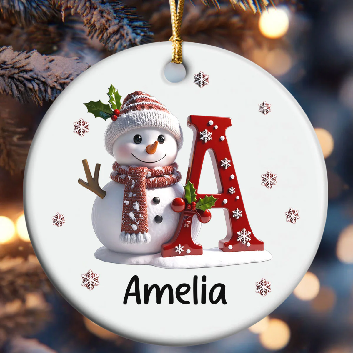 Snowman Merry Christmas - Personalized Round Shaped Ceramic Ornament - Image 6