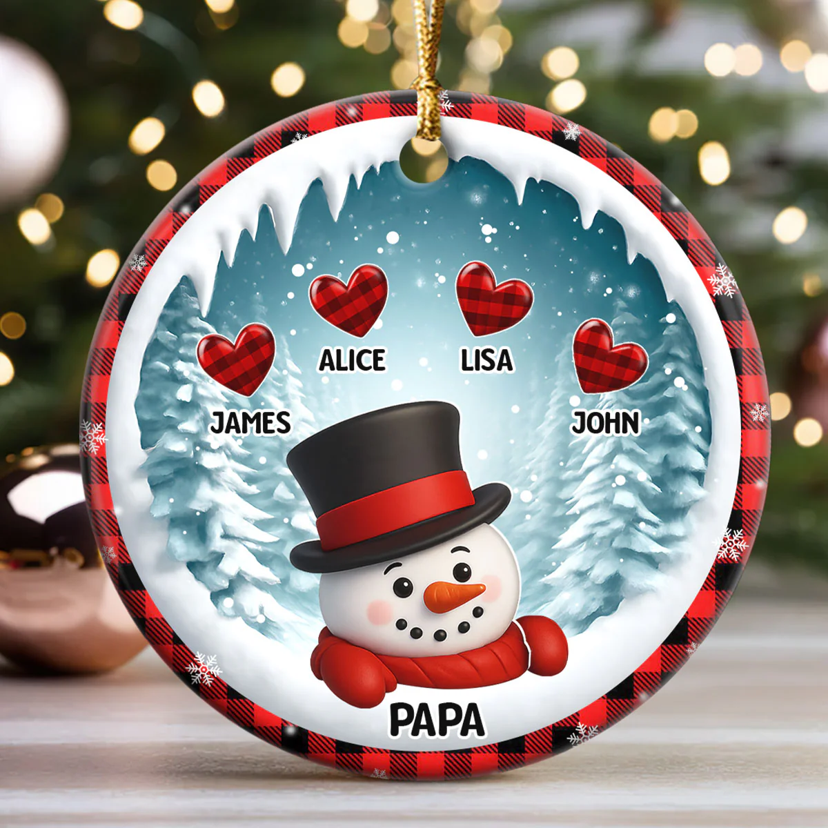 Snowy Grandma And Grandkid Hearts - Personalized Round Shaped Ceramic Ornament - Image 3