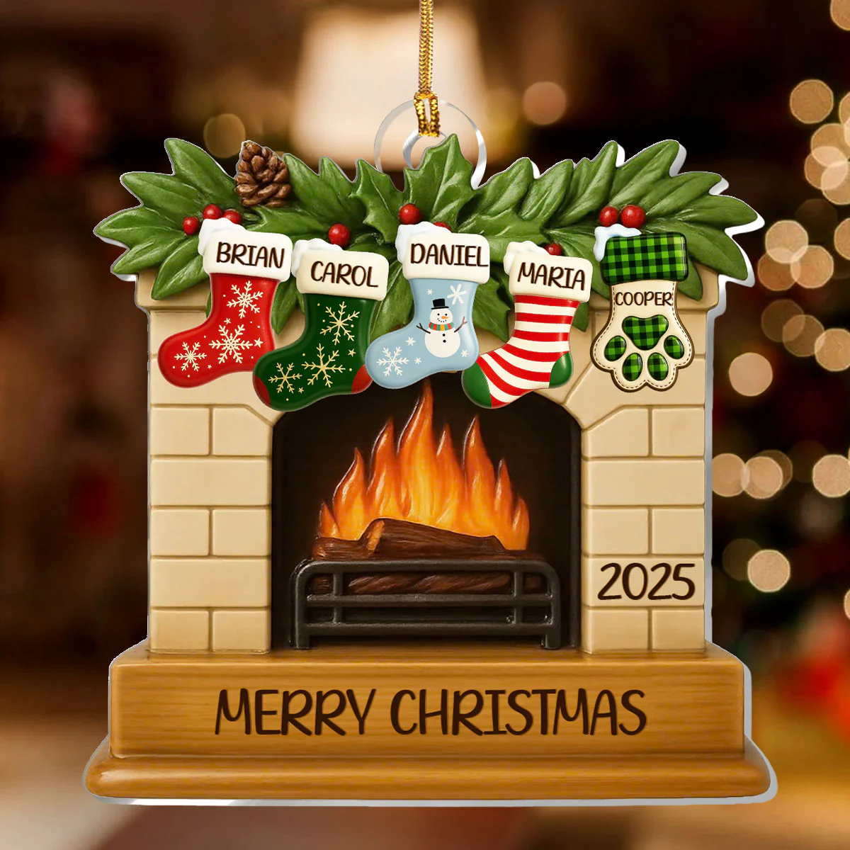 Stockings on Fireplace - Personalized 1-Layer Acrylic Ornament