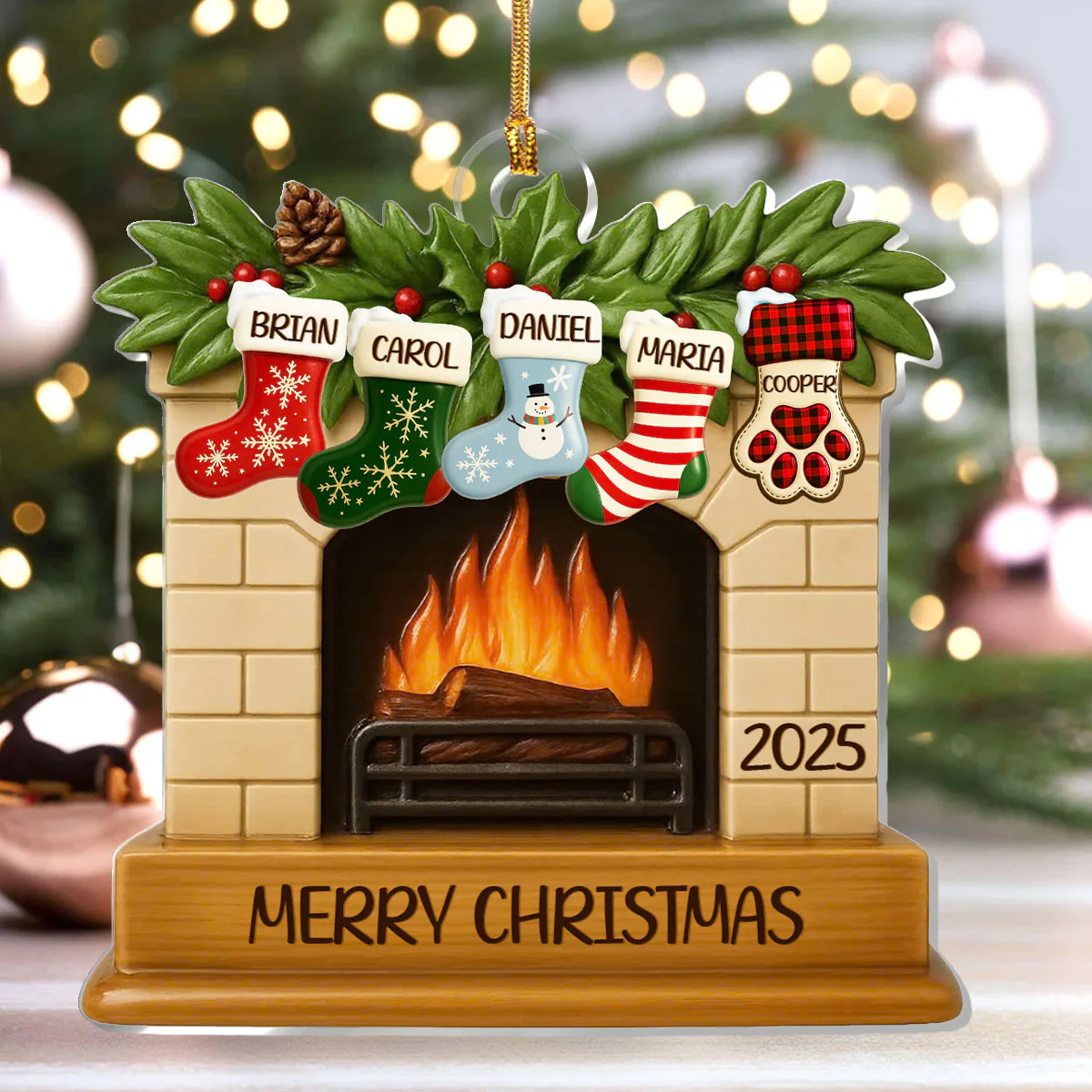 Stockings on Fireplace - Personalized 1-Layer Acrylic Ornament - Image 3
