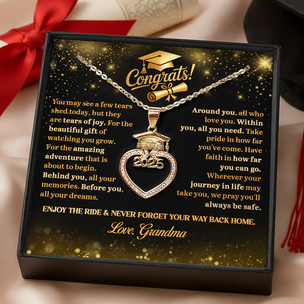 Tears Of Joy, Dreams Ahead - Personalized Grad Cap Heart Necklace With Box & Card 2026 - Image 2