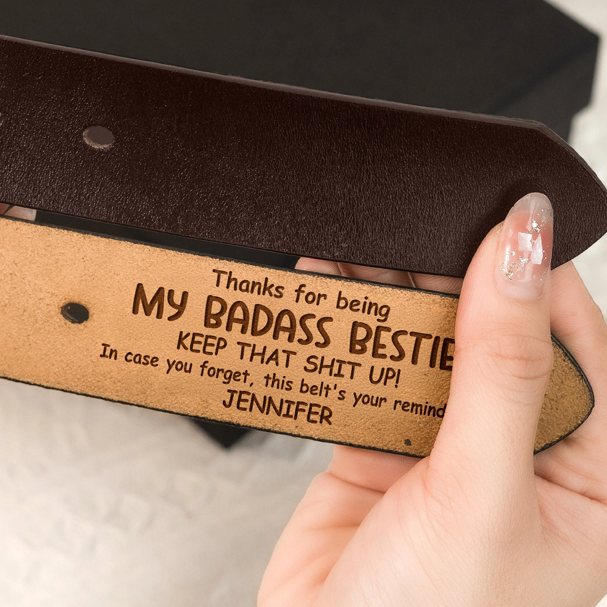 Thanks For Being My Badass Bestie - Personalized Woman Leather Belt - Image 2
