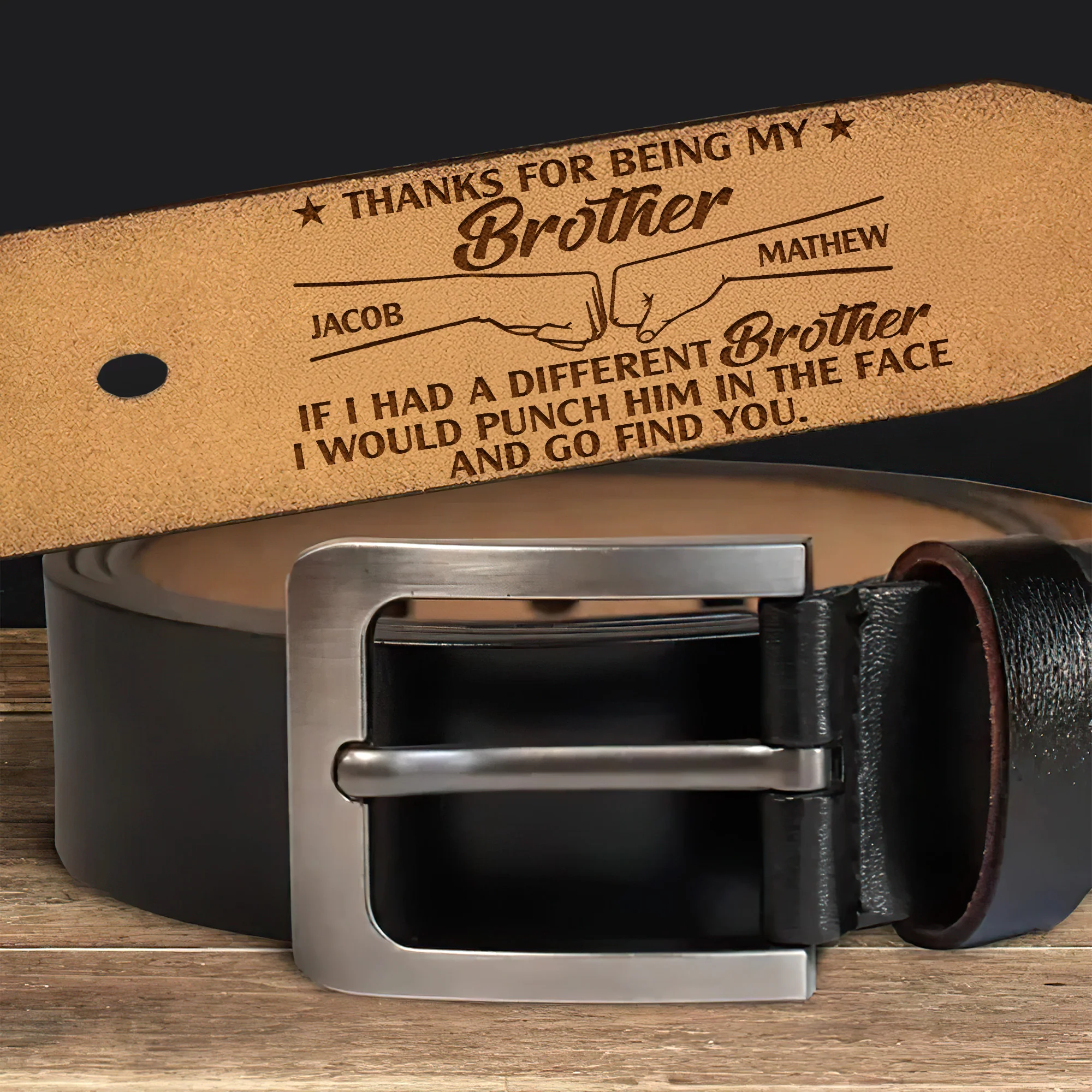 Thanks For Being My Brother - Personalized Engraved Leather Belt - Image 6