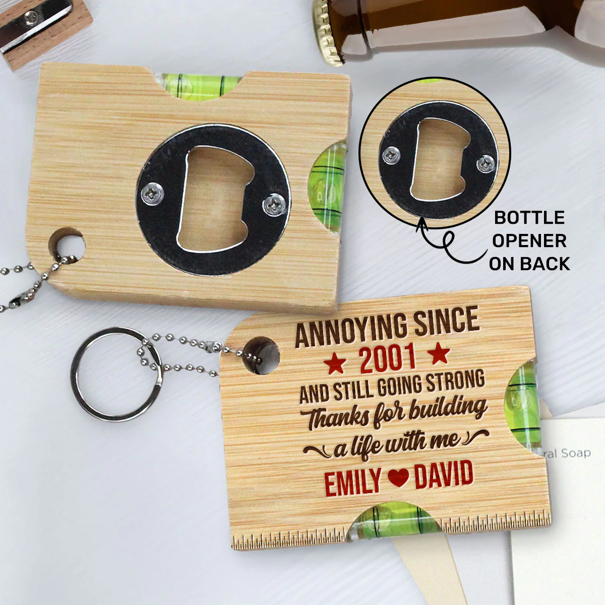 Thanks For Building A Life With Me - Personalized Spirit Level Bottle Opener Keyring
