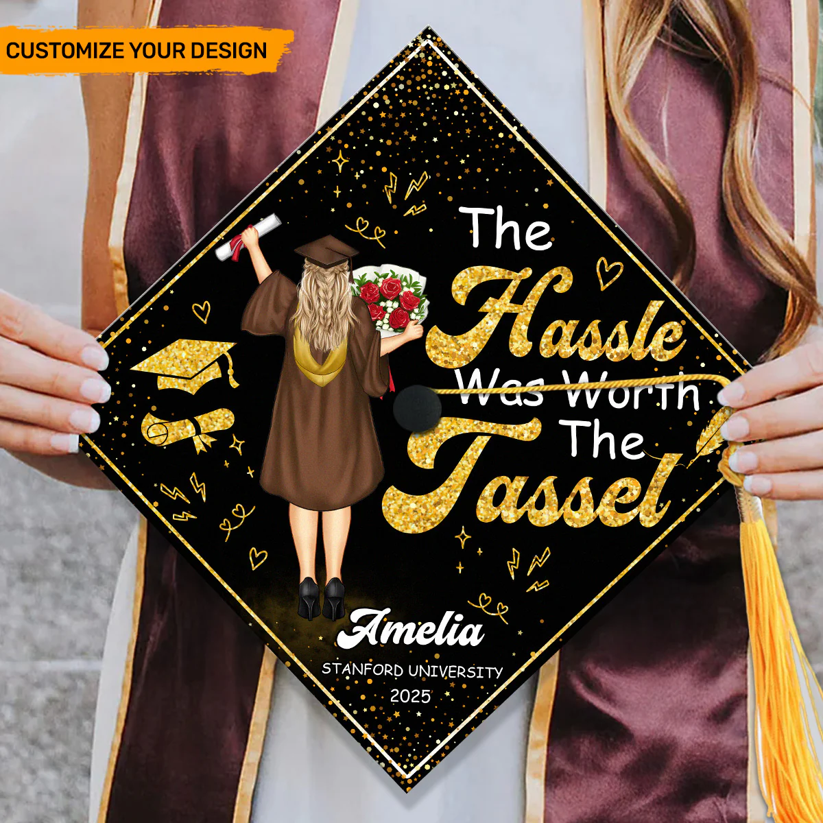 The Hassle Was Worth The Tassel - Personalized Graduation Cap Topper - Image 3
