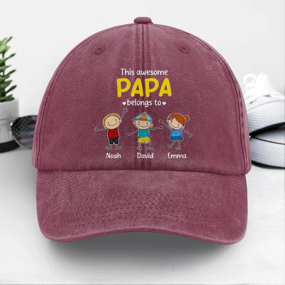 This Awesome Papa Belongs To - Personalized Vintage Washed Denim Cap - Image 5