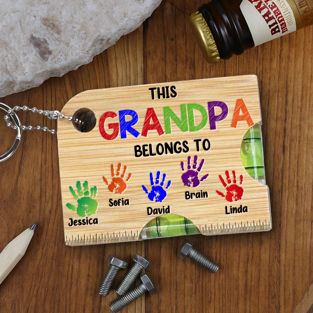 This Dad Belongs To - Personalized Spirit Level Bottle Opener Keyring - Image 2
