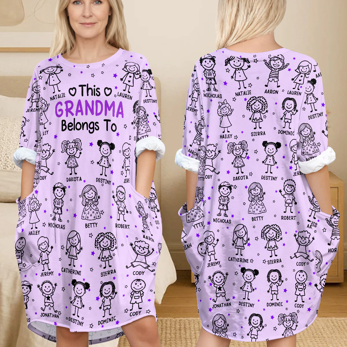 This Grandma Belongs To - Personalized AOP Loose Pocket Oversize T-Shirt Dress