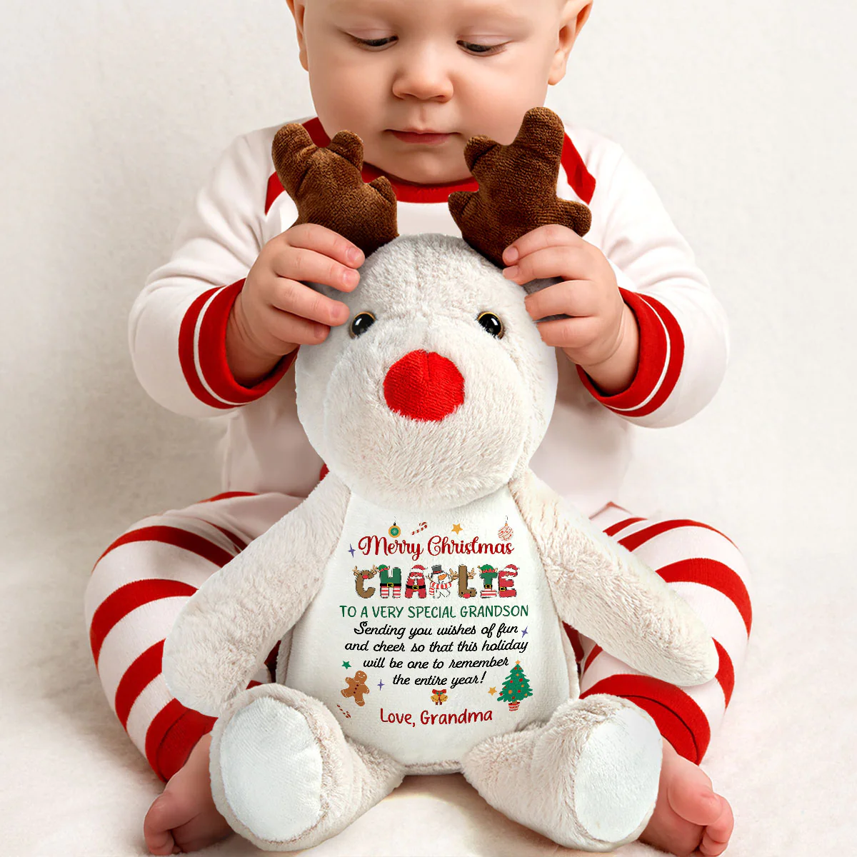 To A Grandson In A Million - Personalized Stuffed Reindeer - Image 3