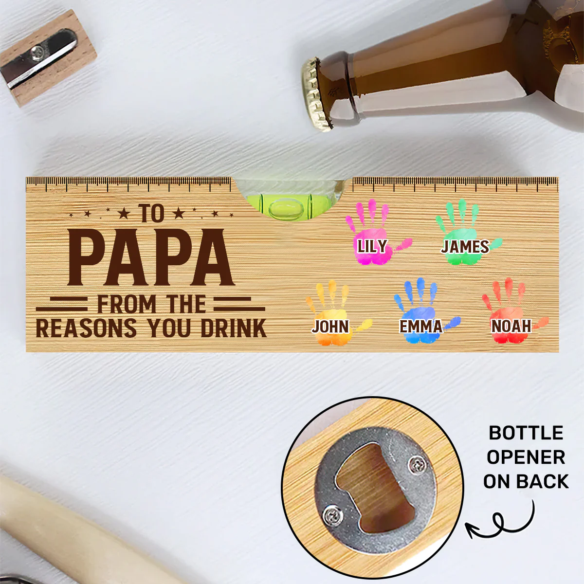 To Dad From The Reasons You Drink - Personalized Wooden Spirit Level Bottle Opener