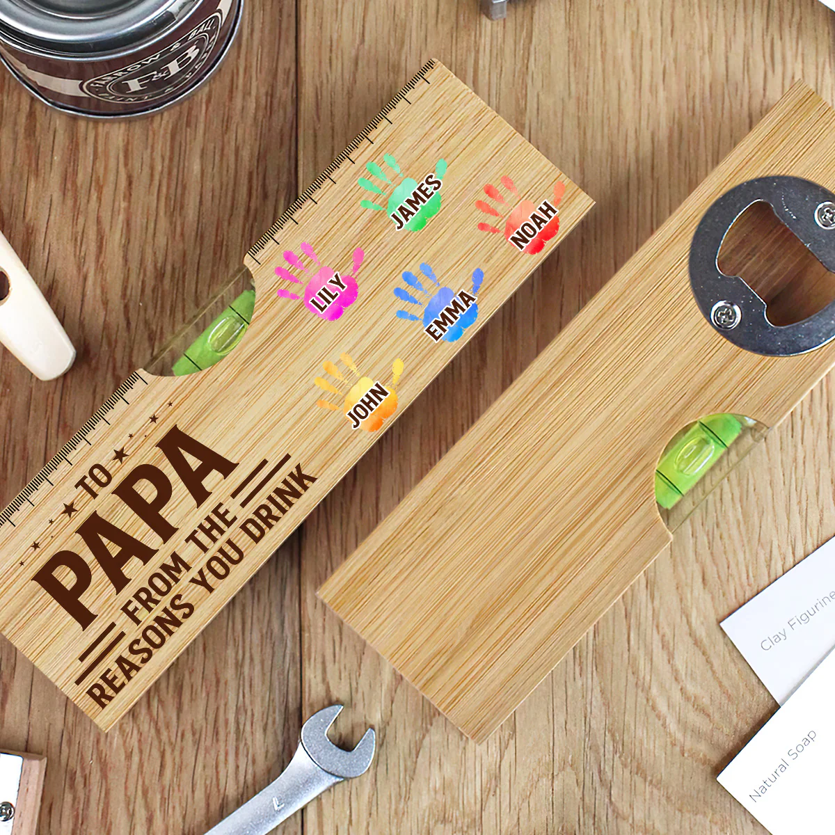 To Dad From The Reasons You Drink - Personalized Wooden Spirit Level Bottle Opener - Image 3