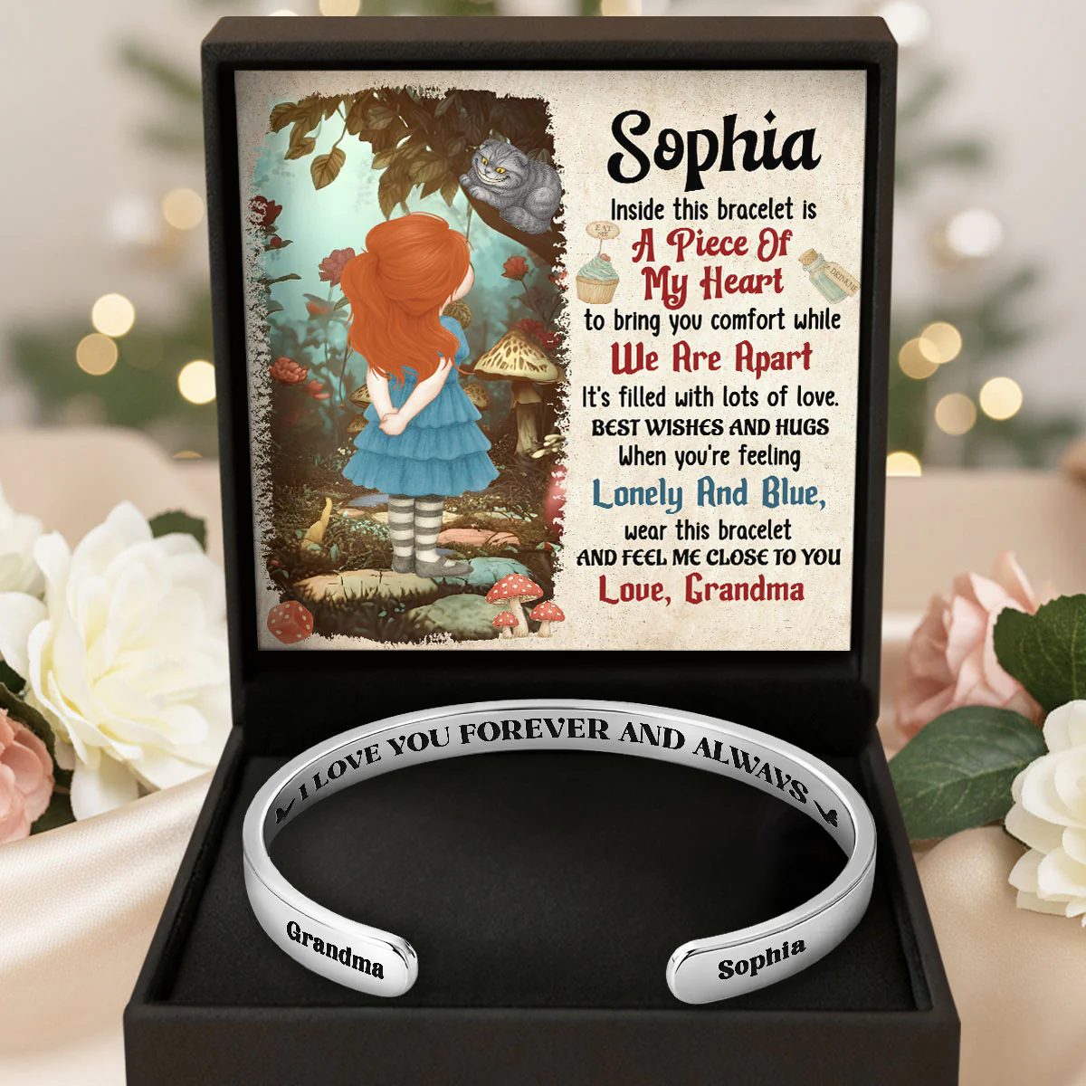 To My Granddaughter Always Remember You Are Loved Wonderland - Personalized Cuff Bangle Bracelet With Box