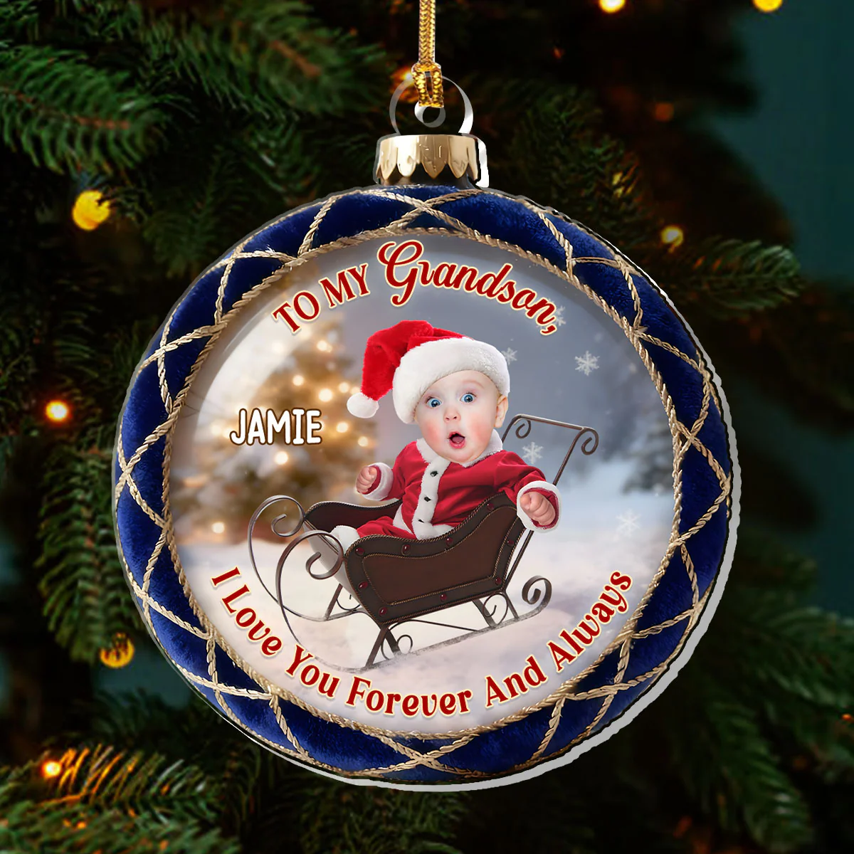 To My Granddaughter Grandson Santa Sleigh - Personalized 1-Layer Acrylic Ornament - Image 3