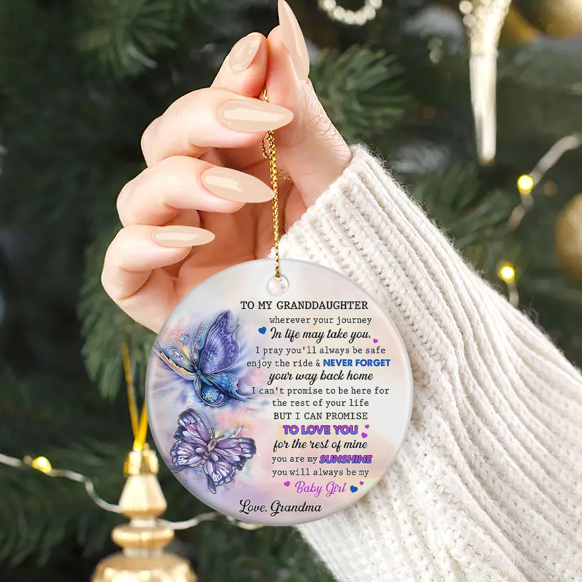 To My Granddaughter - Personalized Round Shaped Ceramic Ornament - Image 2
