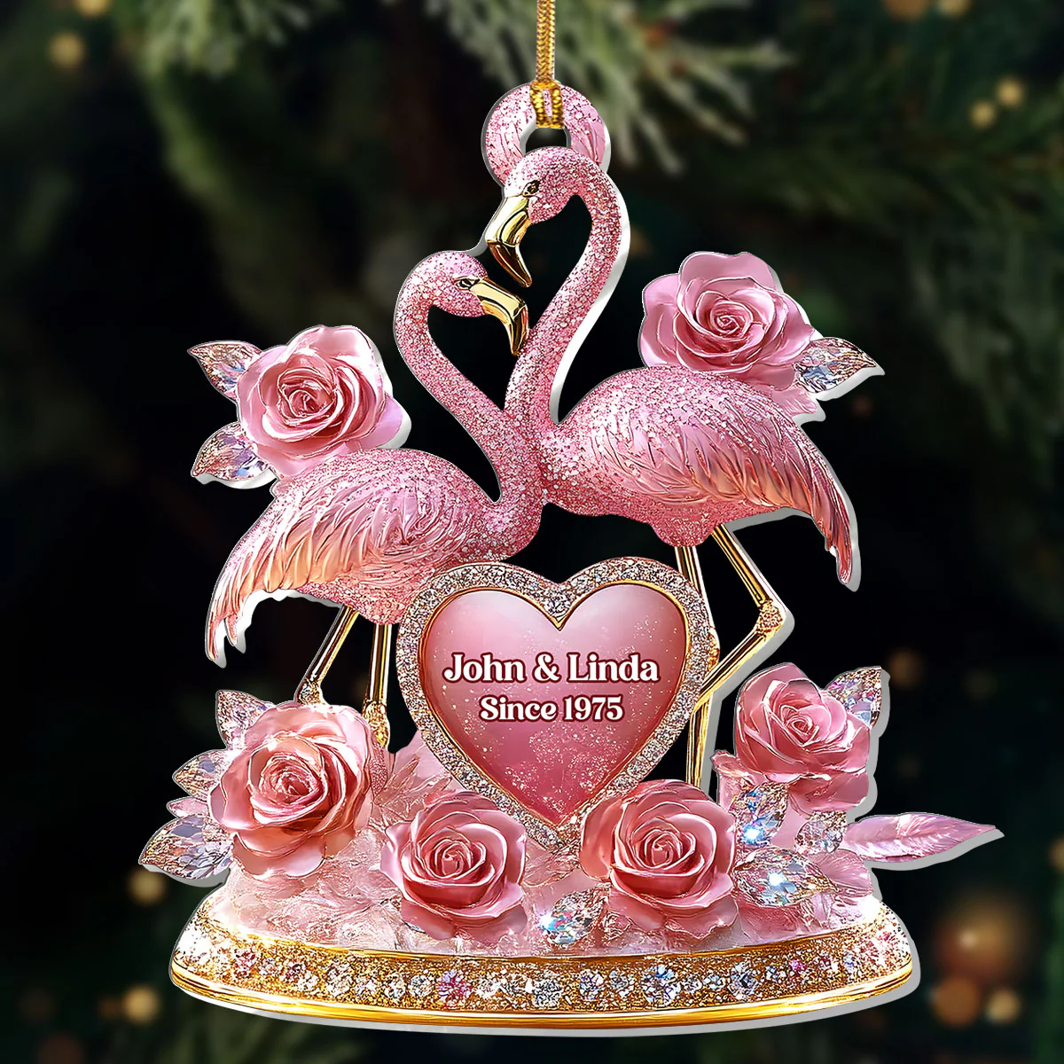 Together In Pink Romantic Flamingo Display - Personalized 1-Layer Acrylic Ornament - Image 2