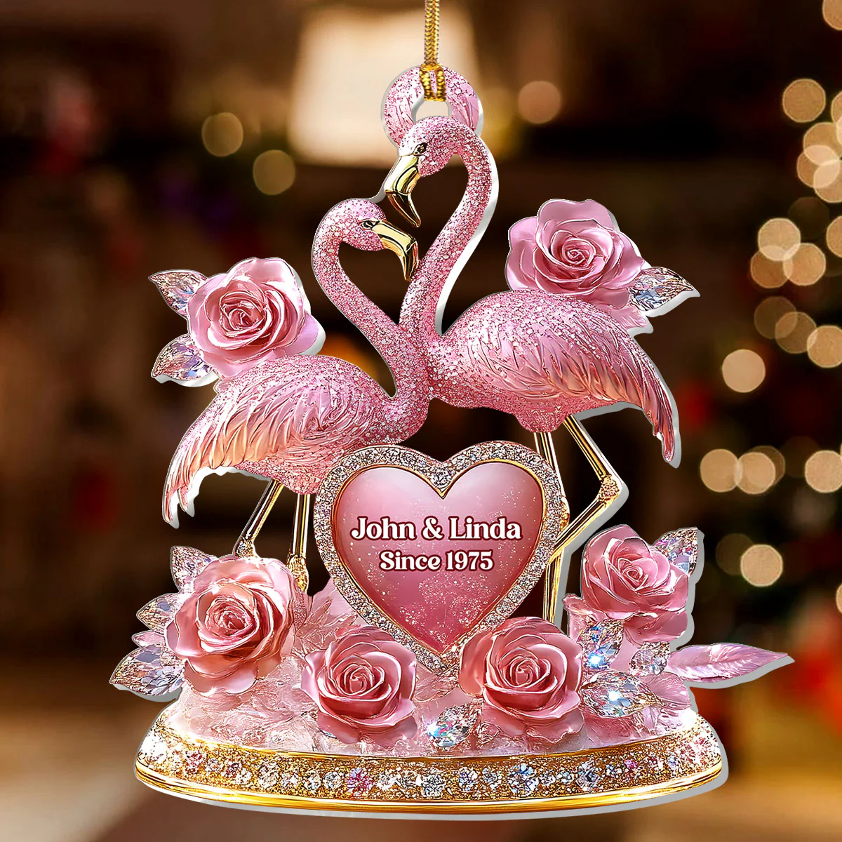 Together In Pink Romantic Flamingo Display - Personalized 1-Layer Acrylic Ornament - Image 3