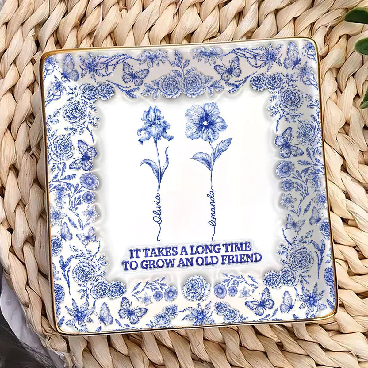 Toile De Jouy 3D Friendship Birth Month Flower - Personalized Ceramic Ring Dish Square - Image 3