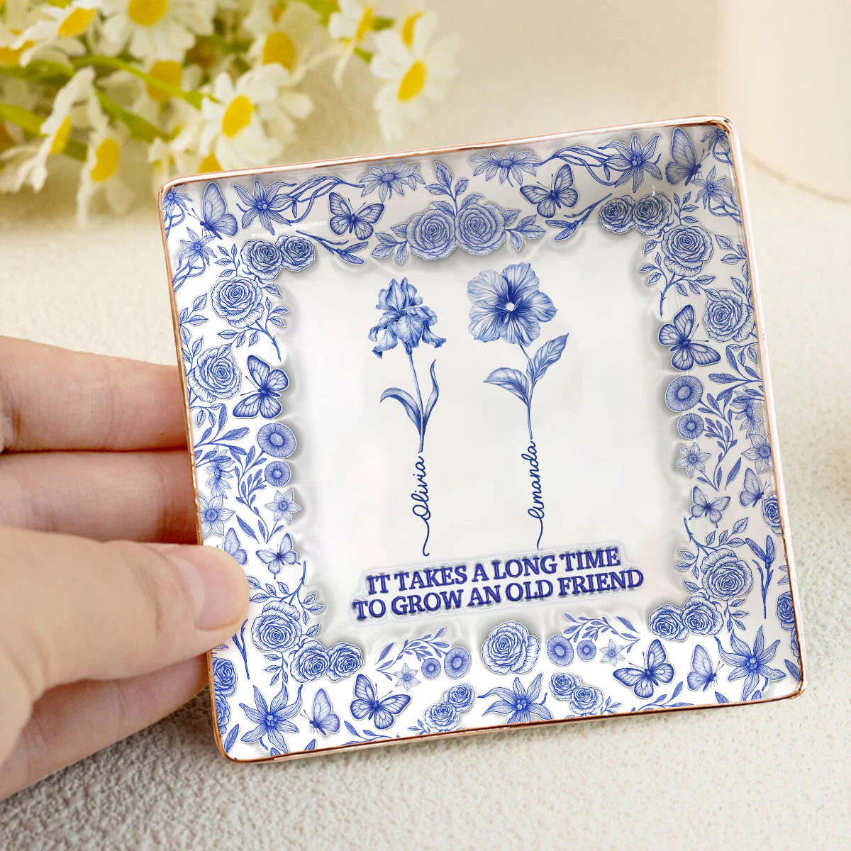 Toile De Jouy 3D Friendship Birth Month Flower - Personalized Ceramic Ring Dish Square - Image 4