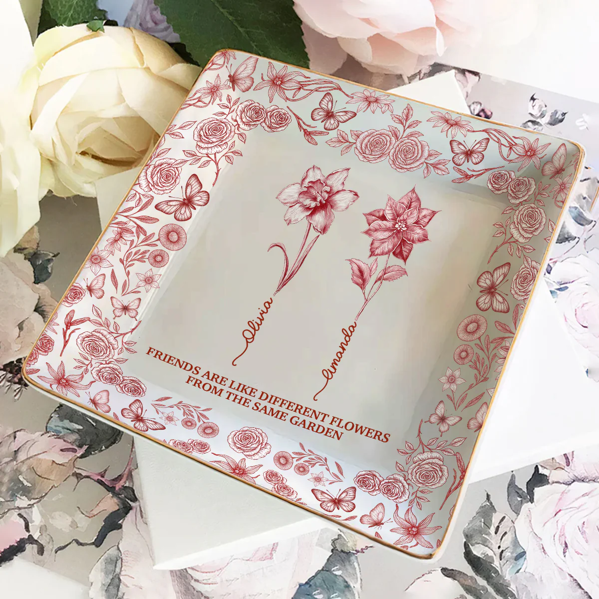 Toile De Jouy Friendship Birth Month Flower - Personalized Ceramic Ring Dish Square - Image 2