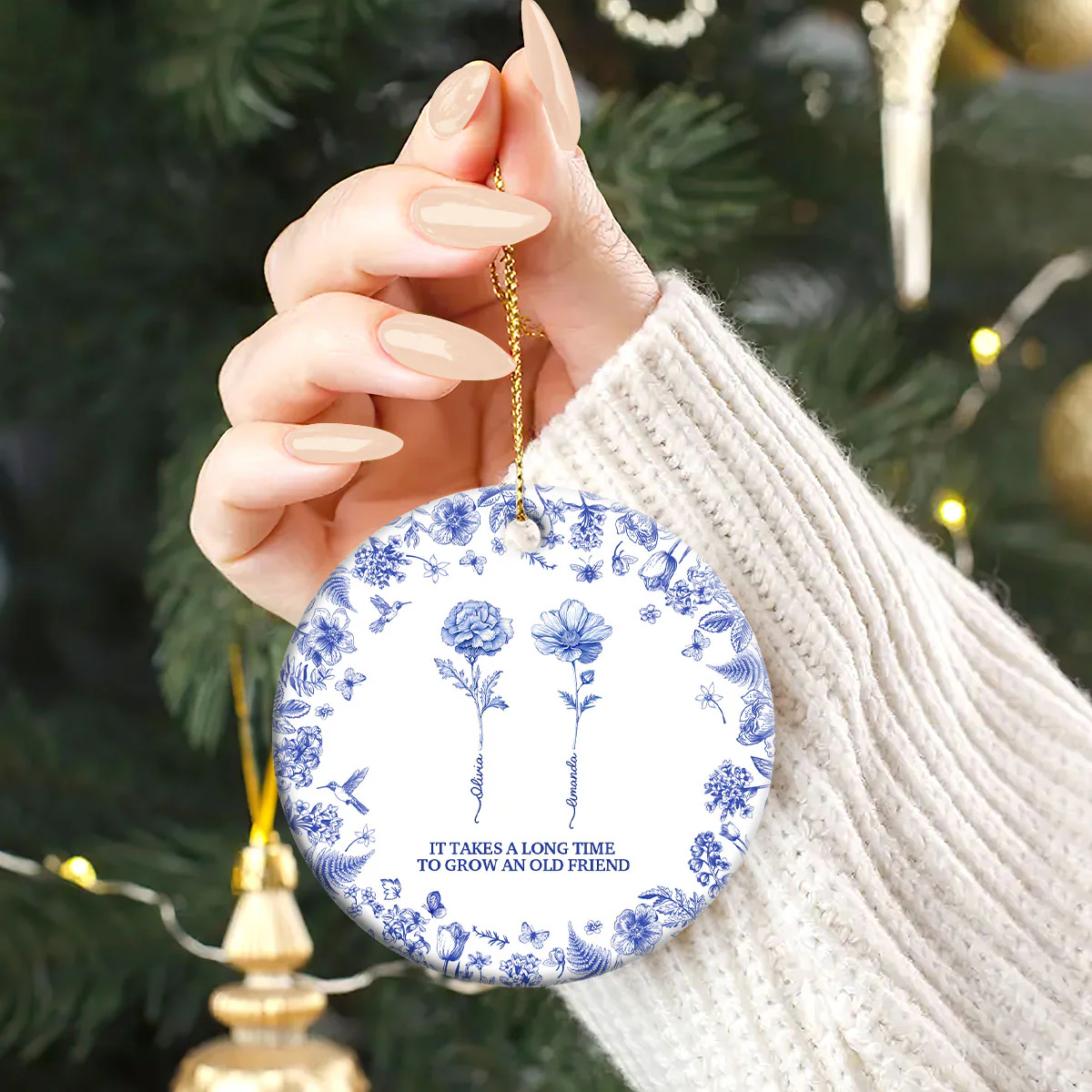 Toile De Jouy Friendship Birth Month Flower - Personalized Round Shaped Ceramic Ornament - Image 2