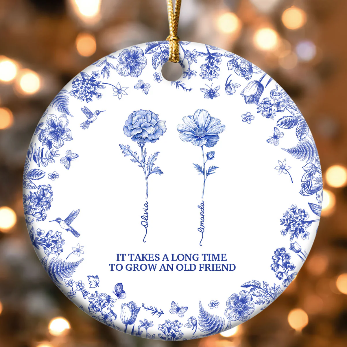 Toile De Jouy Friendship Birth Month Flower - Personalized Round Shaped Ceramic Ornament - Image 4