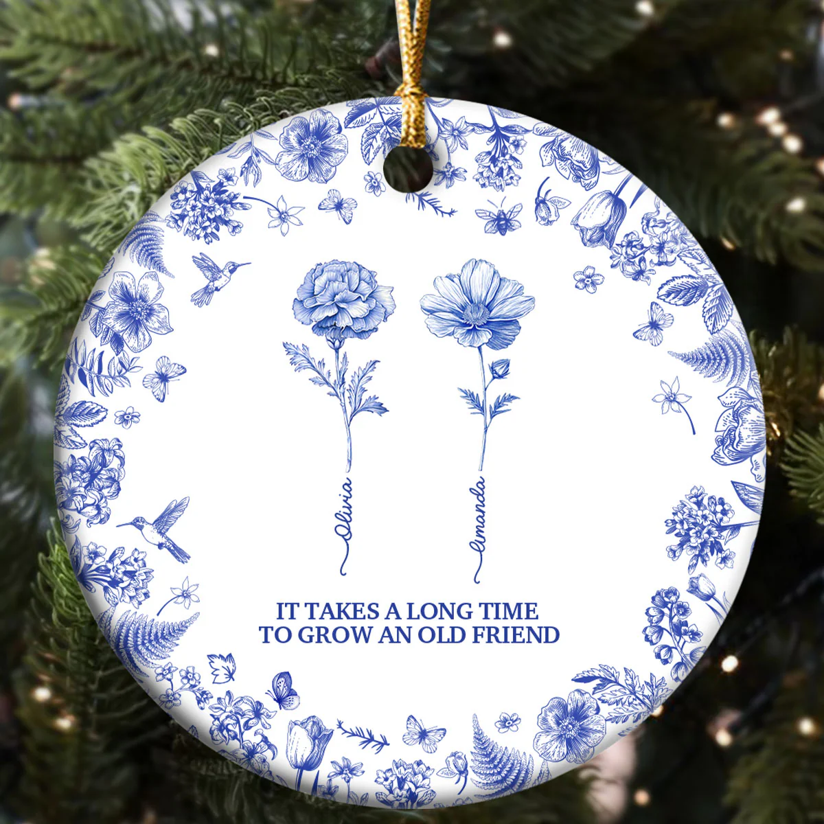 Toile De Jouy Friendship Birth Month Flower - Personalized Round Shaped Ceramic Ornament - Image 5