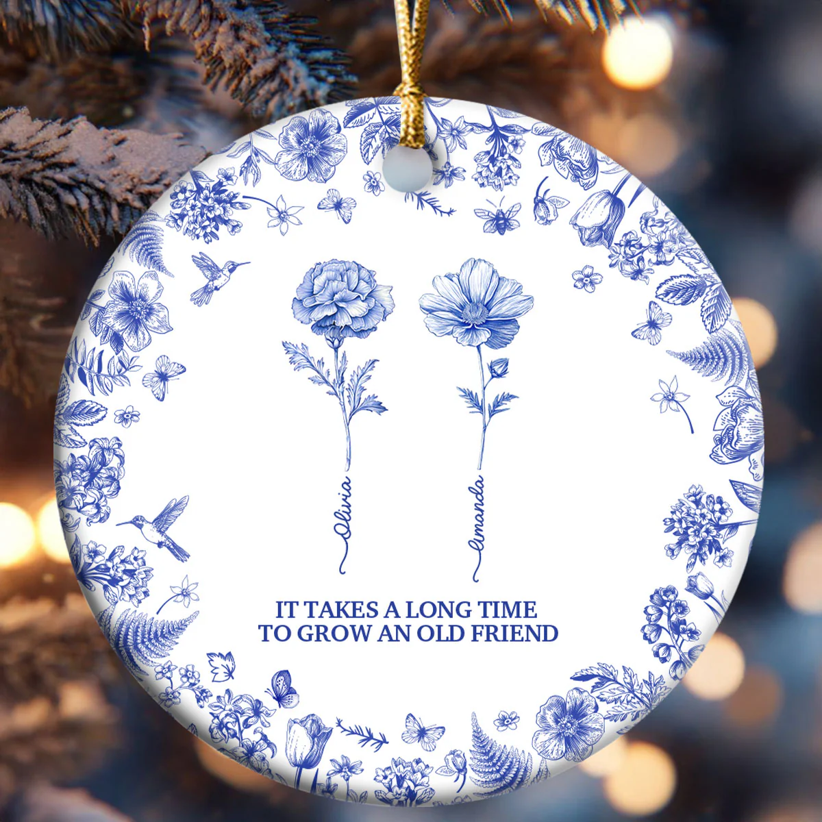 Toile De Jouy Friendship Birth Month Flower - Personalized Round Shaped Ceramic Ornament - Image 6