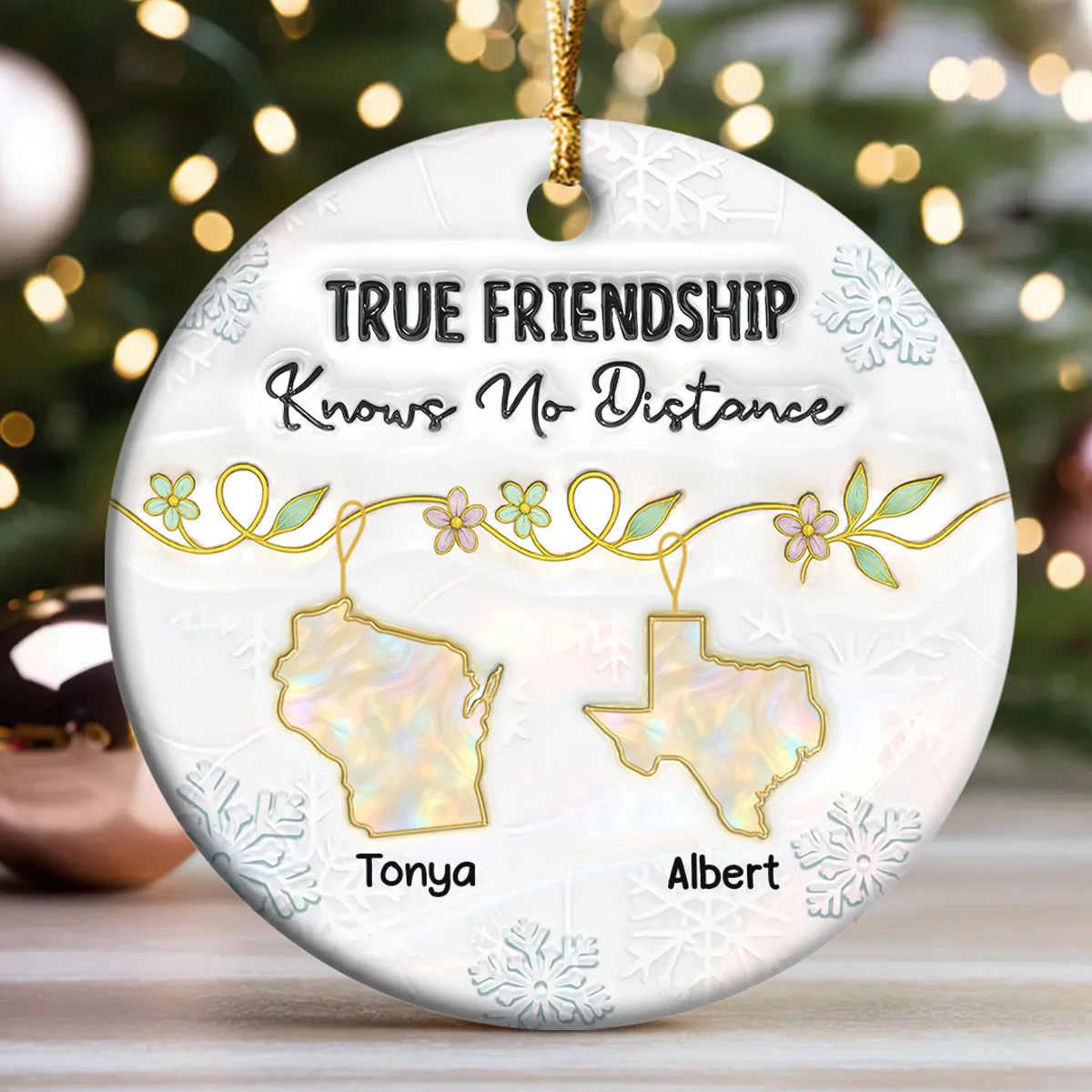 True Friendship Knows No Distance - Personalized Round Shaped Ceramic Ornament - Image 3