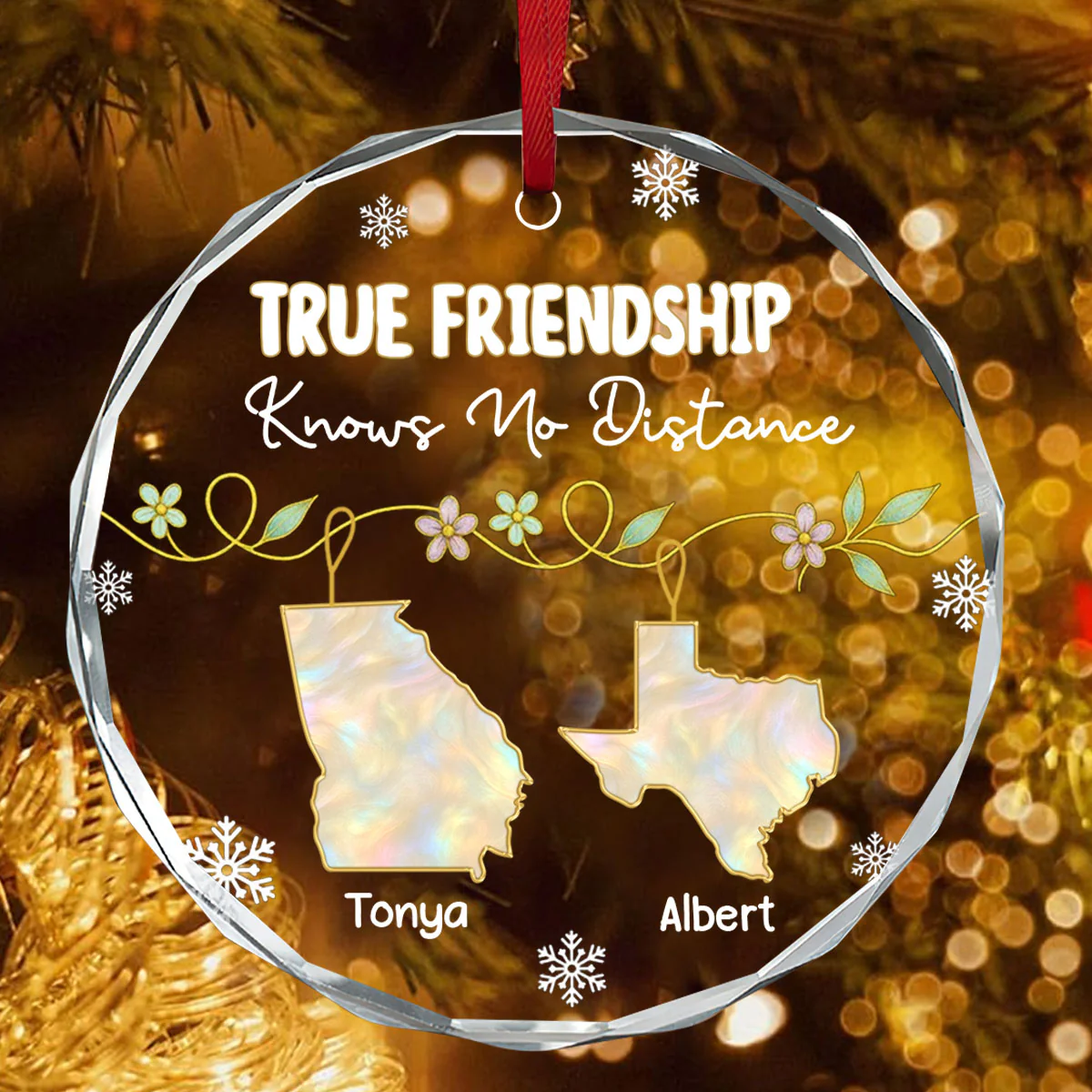 True Friendship Knows No Distance - Personalized Round Shaped Glass Ornament - Image 4