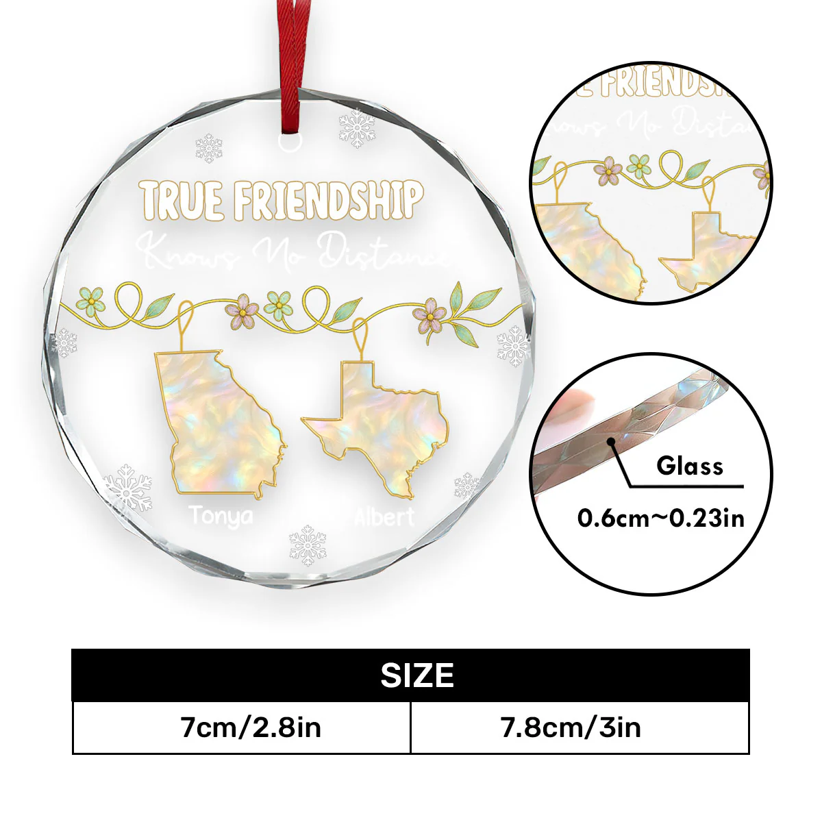 True Friendship Knows No Distance - Personalized Round Shaped Glass Ornament - Image 5