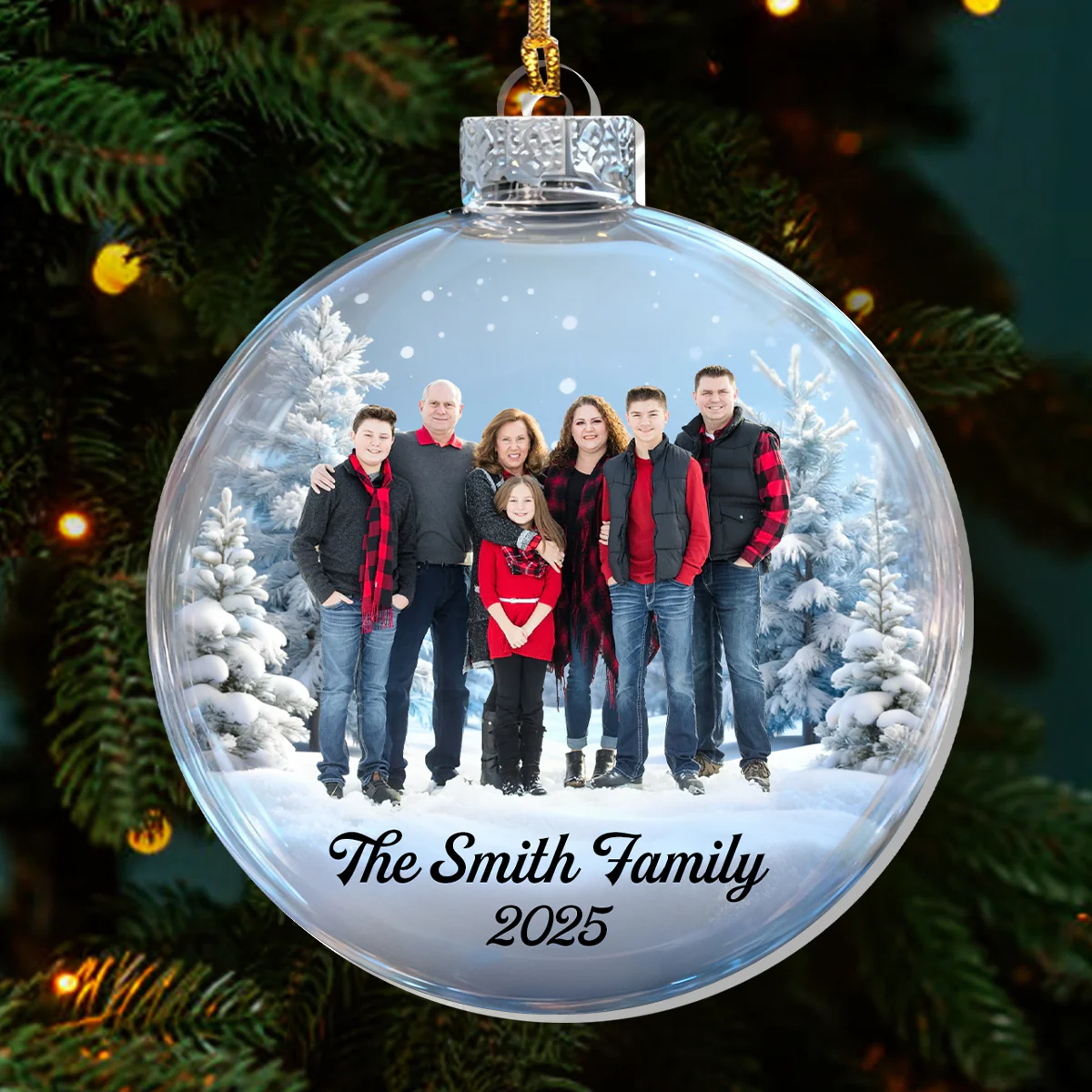 Upload Photo Christmas Family Snow Ball - Personalized 1-Layer Acrylic Ornament - Image 2