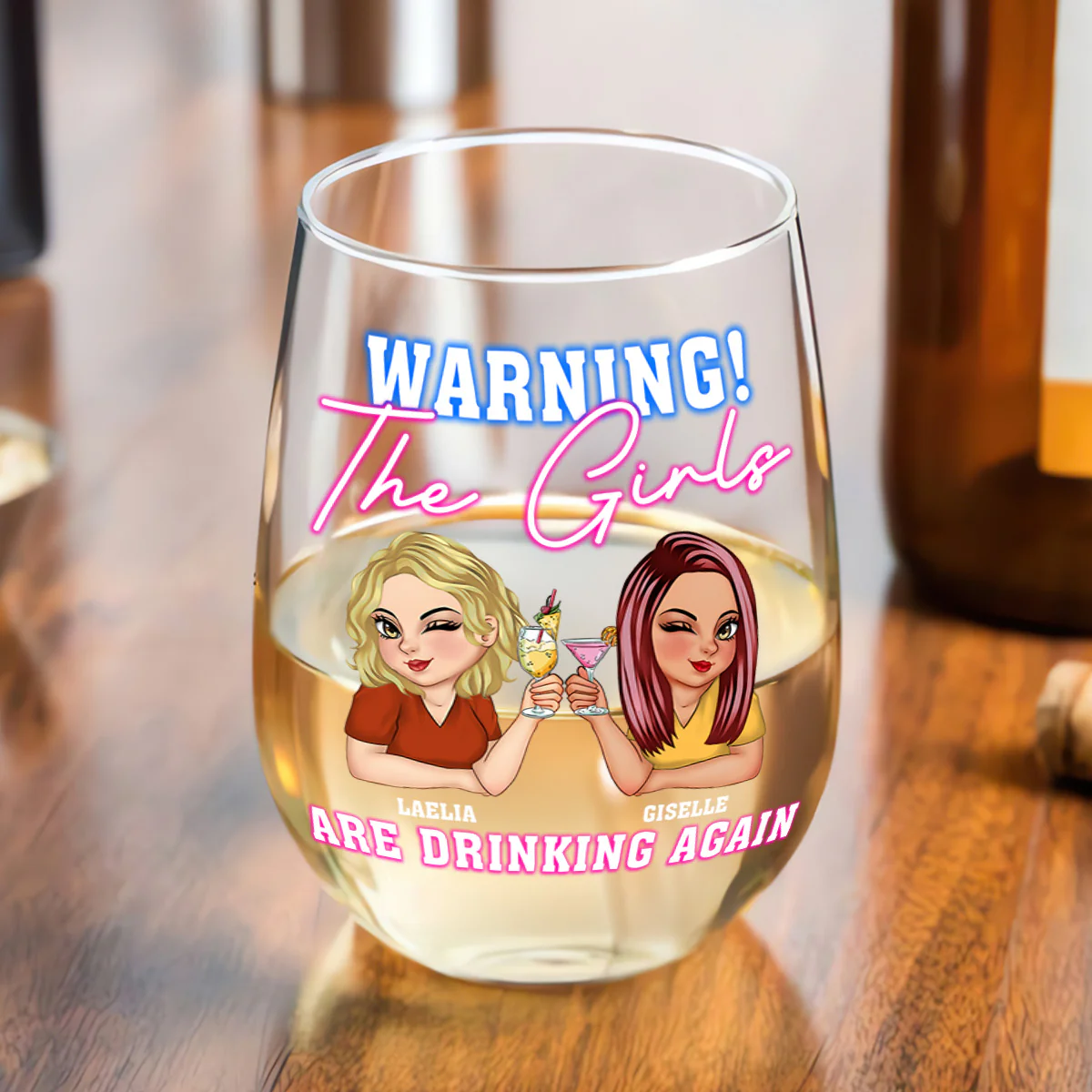 Warning! The Girls Are Drinking Again - Personalized Stemless Wine Glass - Image 4