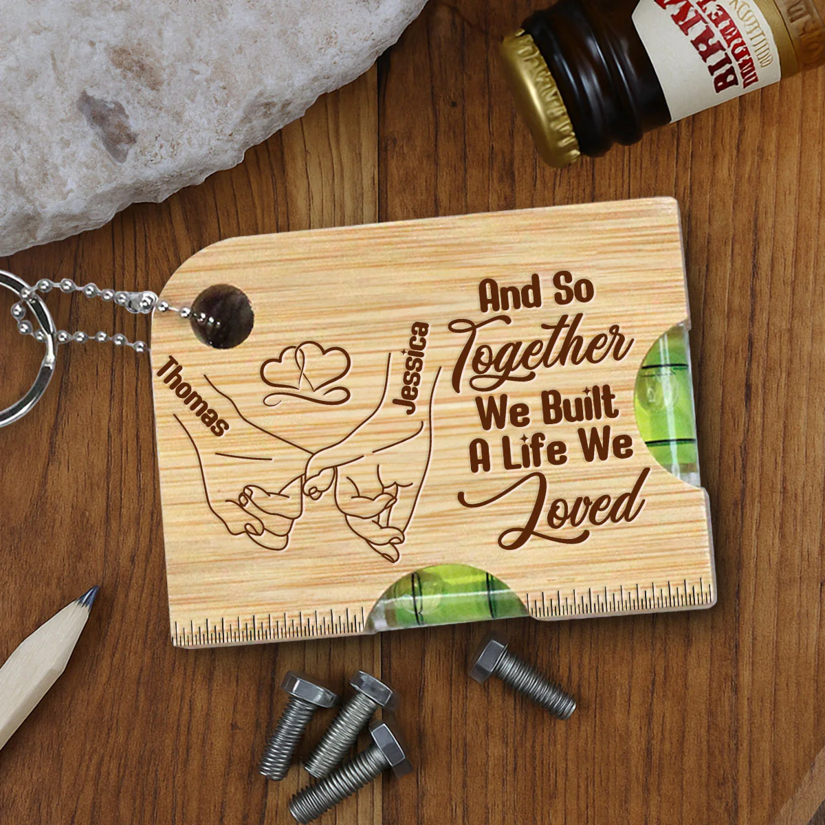 We Built A Life We Loved - Personalized Spirit Level Bottle Opener Keyring - Image 2