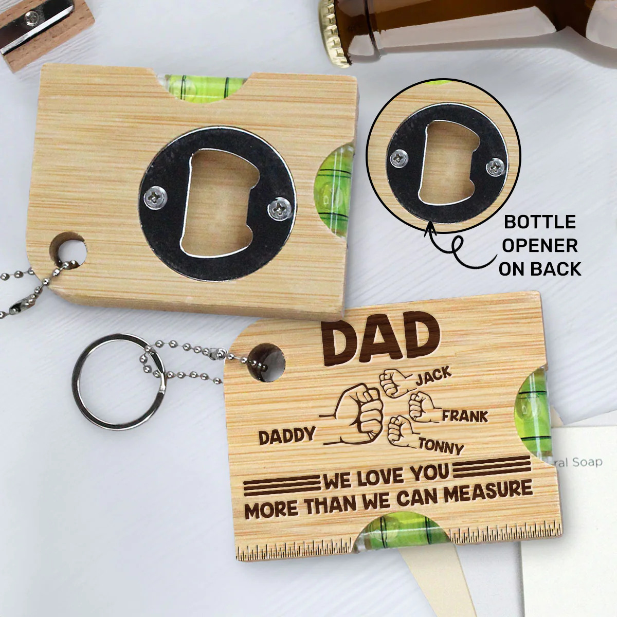 We Love You More Than We Can Measure - Personalized Spirit Level Bottle Opener Keyring