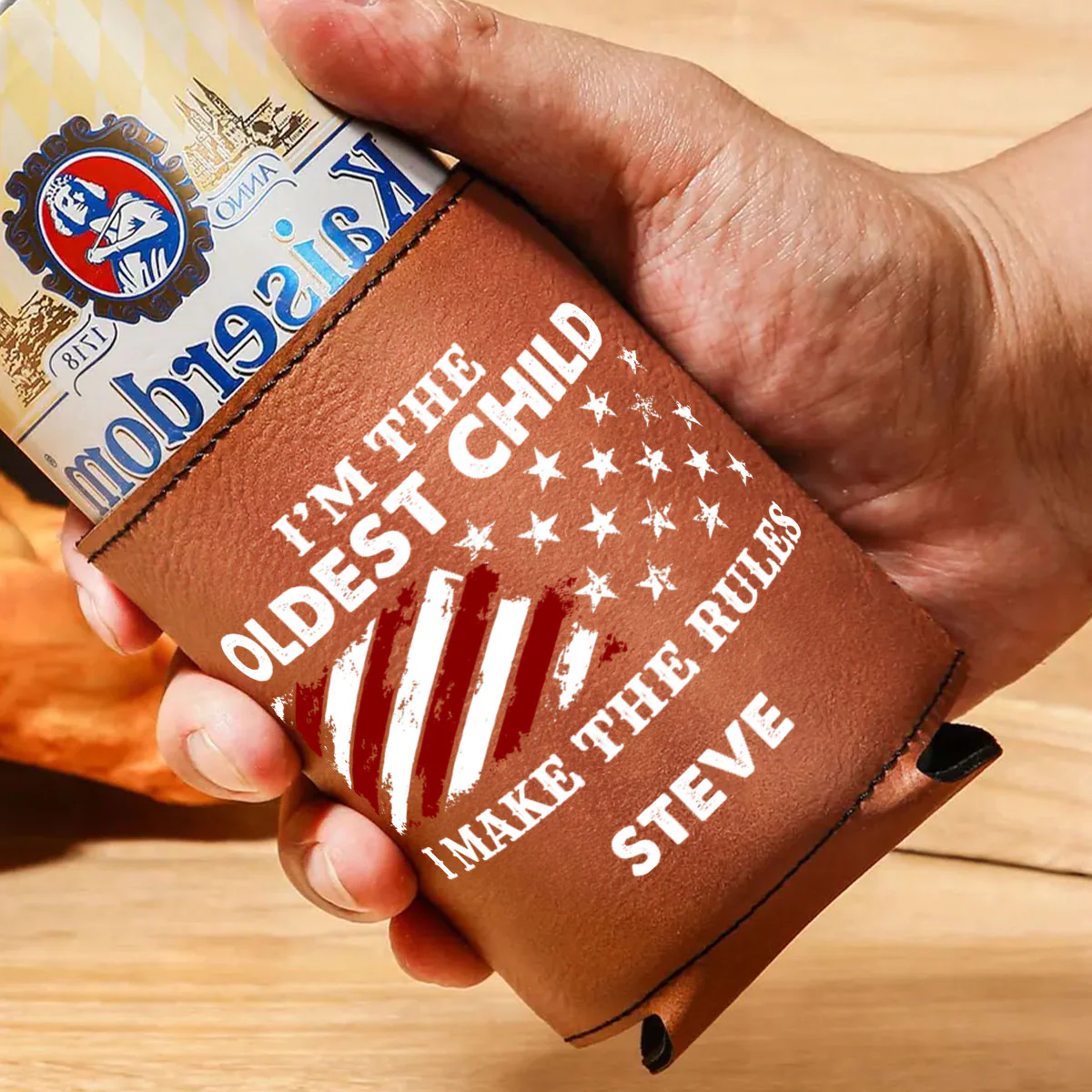 Who Makes The Rules - Personalized Leather Can Cooler - Image 2
