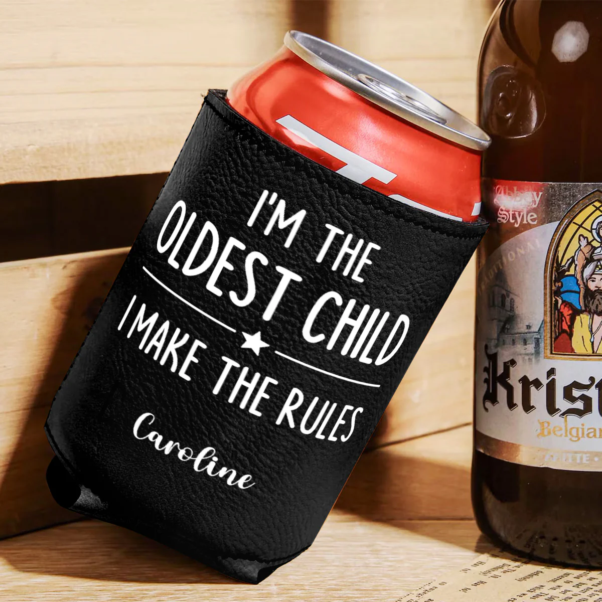 Who Makes The Rules - Personalized Leather Can Cooler - Image 2