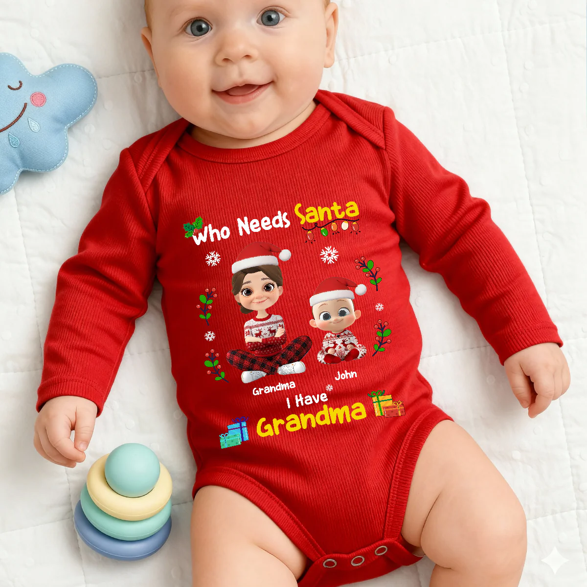 Who Need Santa I Have Grandma - Personalized Long Sleeve Baby Onesie - Image 3