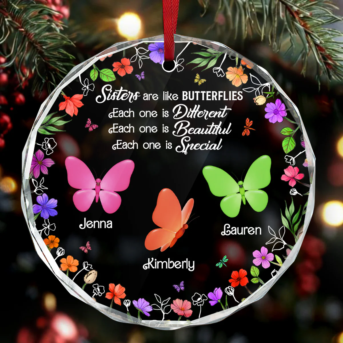 Wings of Sisterhood - Personalized Round Shaped Glass Ornament - Image 4