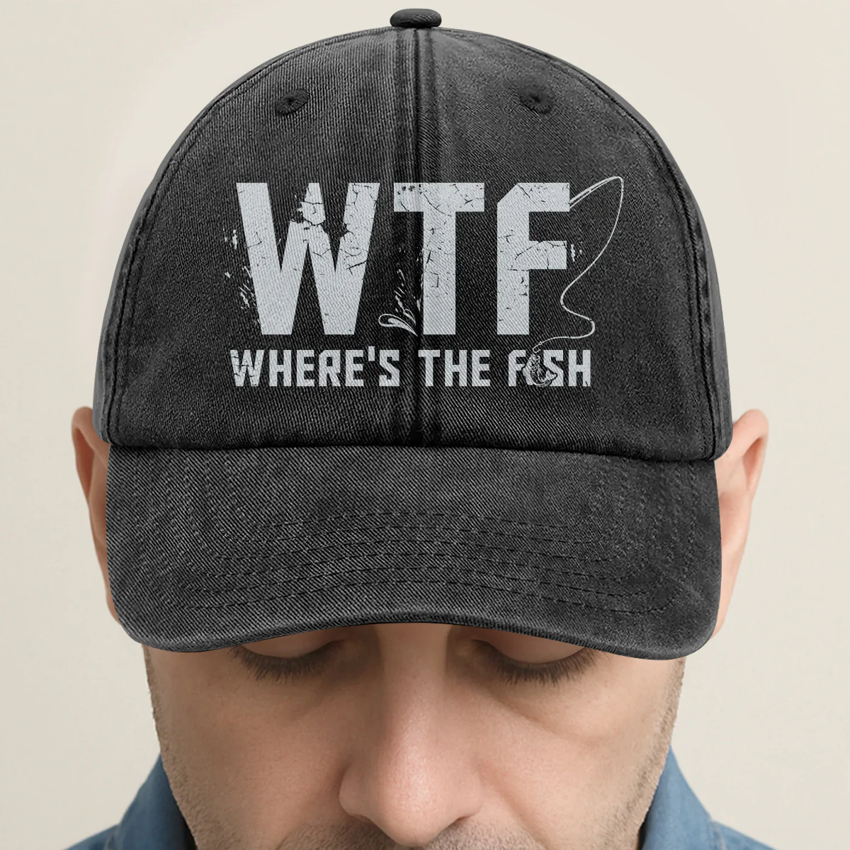 WTF Where's The Fish - Personalized Vintage Washed Denim Cap - Image 2